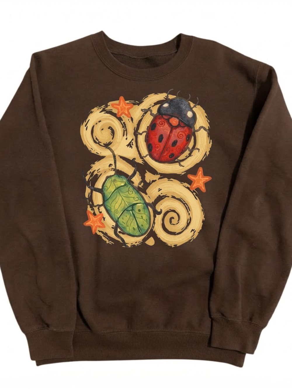 Brown Graphic Crewneck Sweater with Red & Green Bug Motif, Gift For Her, For Him